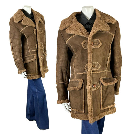 VTG 60S 70S BROWN SUEDE CONTRAST SEAM ROUND LAPEL BOHO HIPPY SHEARLING COAT 14