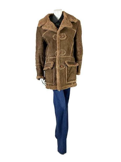 VTG 60S 70S BROWN SUEDE CONTRAST SEAM ROUND LAPEL BOHO HIPPY SHEARLING COAT 14