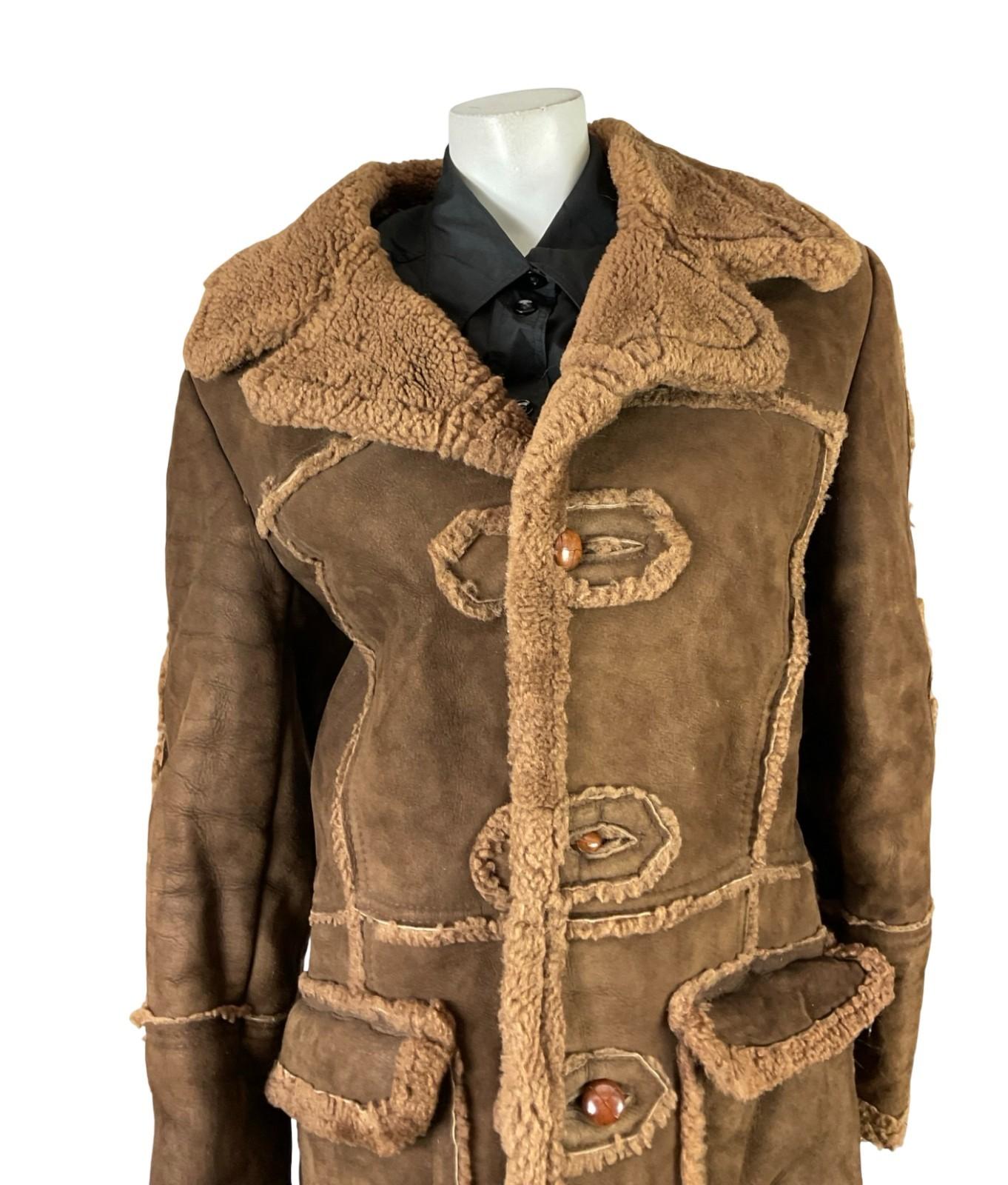 VTG 60S 70S BROWN SUEDE CONTRAST SEAM ROUND LAPEL BOHO HIPPY SHEARLING COAT 14