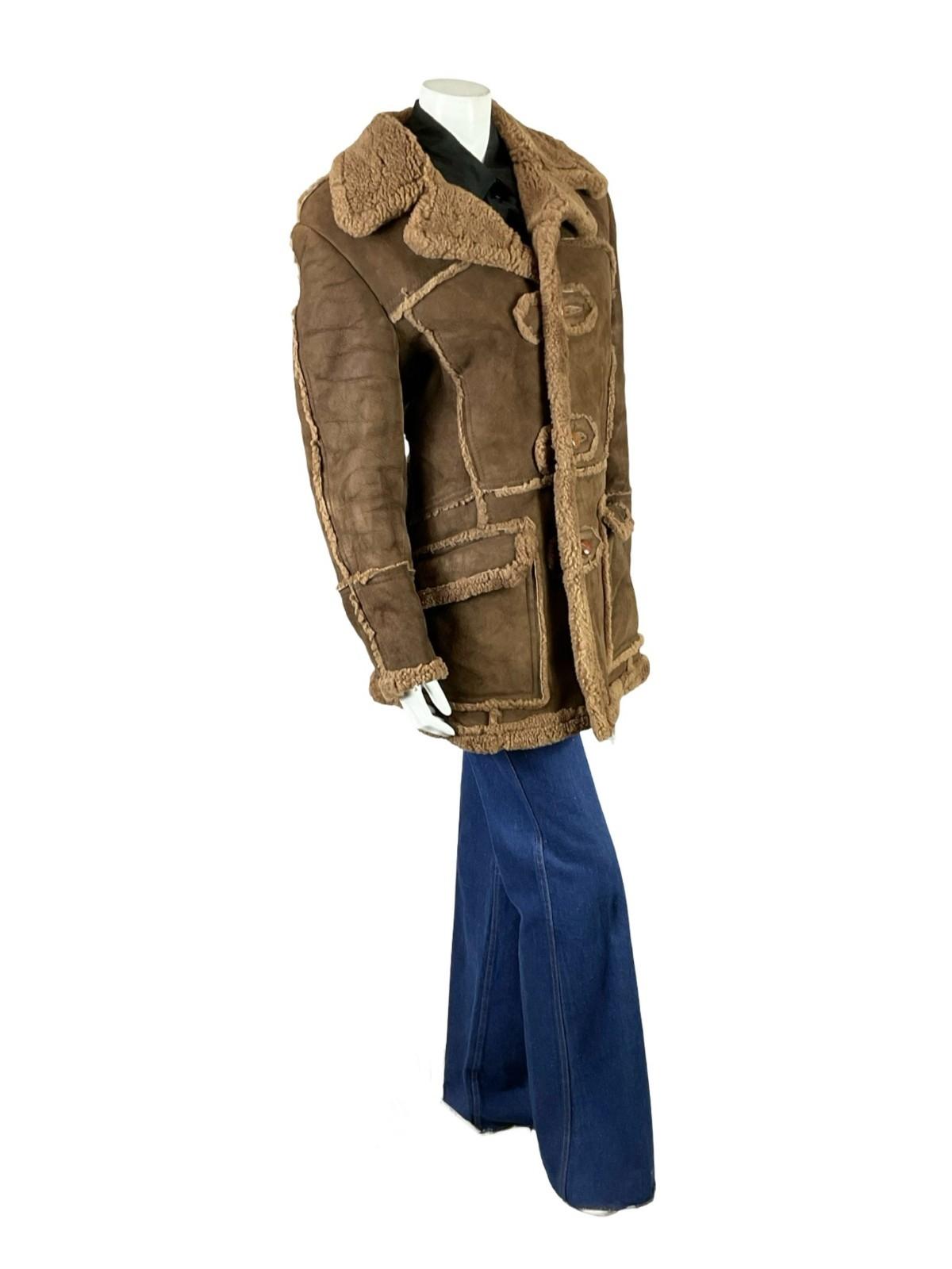 VTG 60S 70S BROWN SUEDE CONTRAST SEAM ROUND LAPEL BOHO HIPPY SHEARLING COAT 14