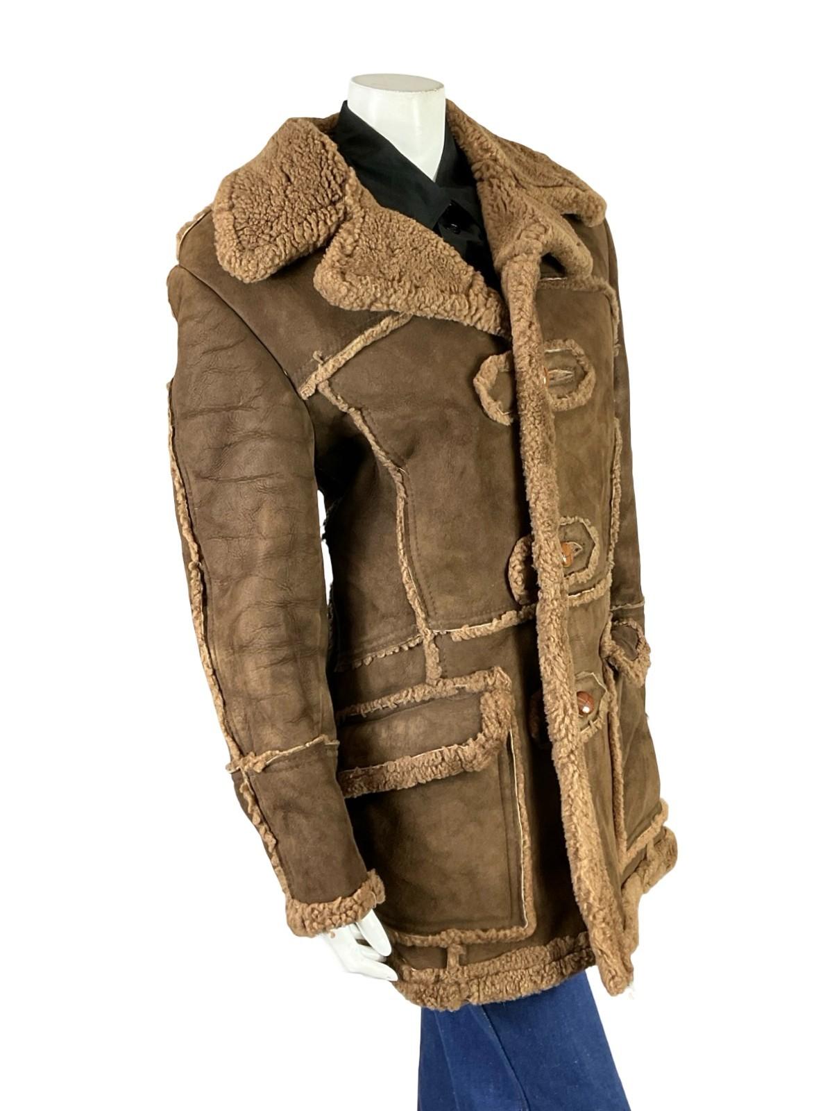 VTG 60S 70S BROWN SUEDE CONTRAST SEAM ROUND LAPEL BOHO HIPPY SHEARLING COAT 14