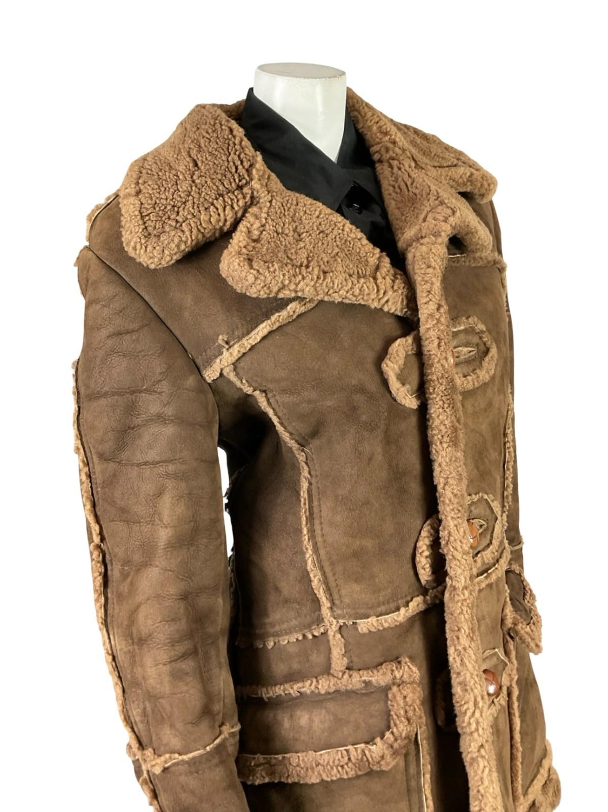 VTG 60S 70S BROWN SUEDE CONTRAST SEAM ROUND LAPEL BOHO HIPPY SHEARLING COAT 14