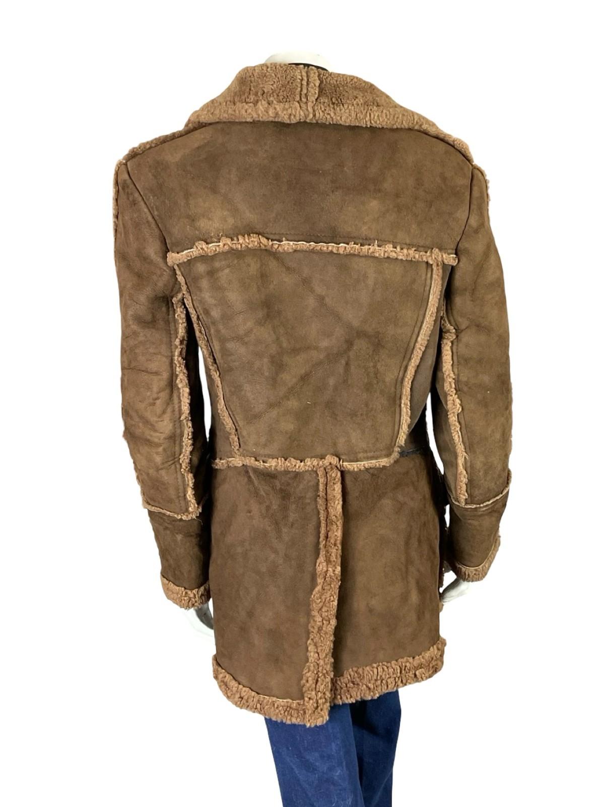 VTG 60S 70S BROWN SUEDE CONTRAST SEAM ROUND LAPEL BOHO HIPPY SHEARLING COAT 14