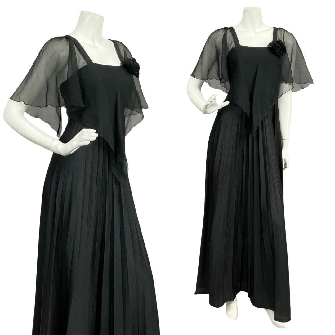VTG 70S YESSICA BLACK PLEATED MESH CAPE STRAPPY EMPIRE MAXI DRESS 8