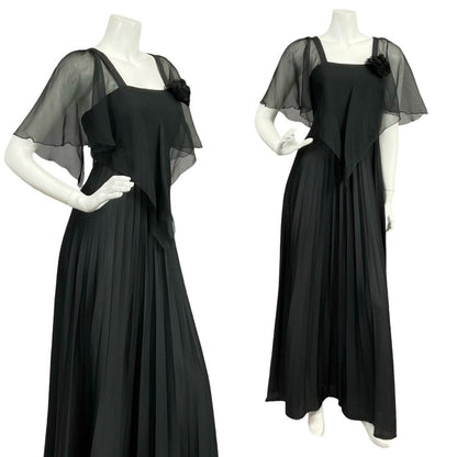 VTG 70S YESSICA BLACK PLEATED MESH CAPE STRAPPY EMPIRE MAXI DRESS 8