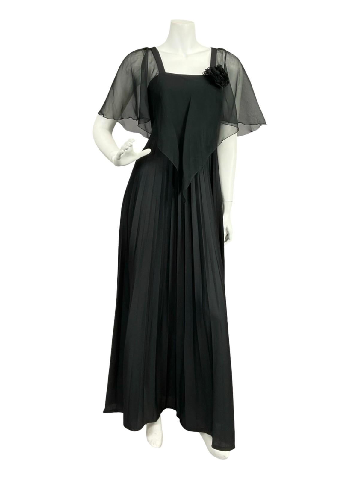 VTG 70S YESSICA BLACK PLEATED MESH CAPE STRAPPY EMPIRE MAXI DRESS 8