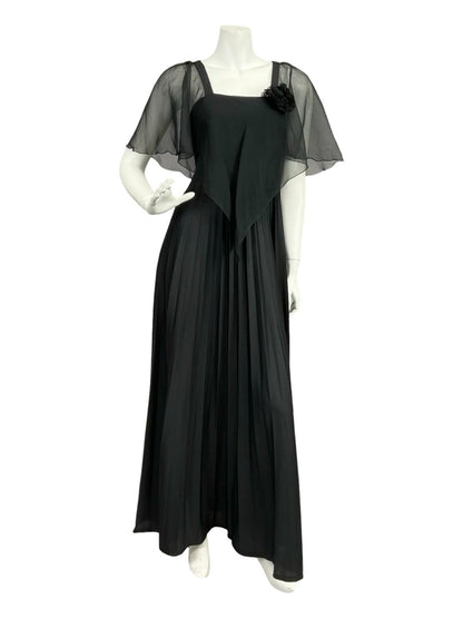 VTG 70S YESSICA BLACK PLEATED MESH CAPE STRAPPY EMPIRE MAXI DRESS 8