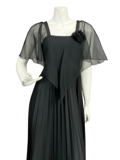VTG 70S YESSICA BLACK PLEATED MESH CAPE STRAPPY EMPIRE MAXI DRESS 8