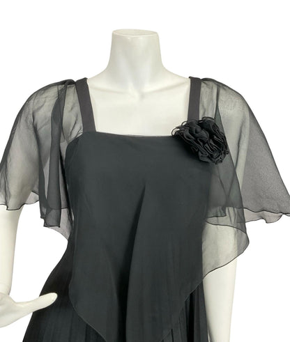 VTG 70S YESSICA BLACK PLEATED MESH CAPE STRAPPY EMPIRE MAXI DRESS 8