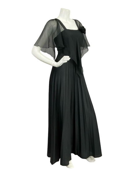VTG 70S YESSICA BLACK PLEATED MESH CAPE STRAPPY EMPIRE MAXI DRESS 8