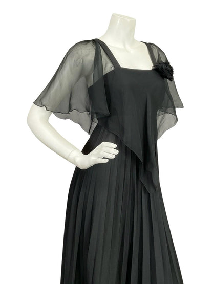 VTG 70S YESSICA BLACK PLEATED MESH CAPE STRAPPY EMPIRE MAXI DRESS 8