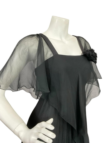 VTG 70S YESSICA BLACK PLEATED MESH CAPE STRAPPY EMPIRE MAXI DRESS 8
