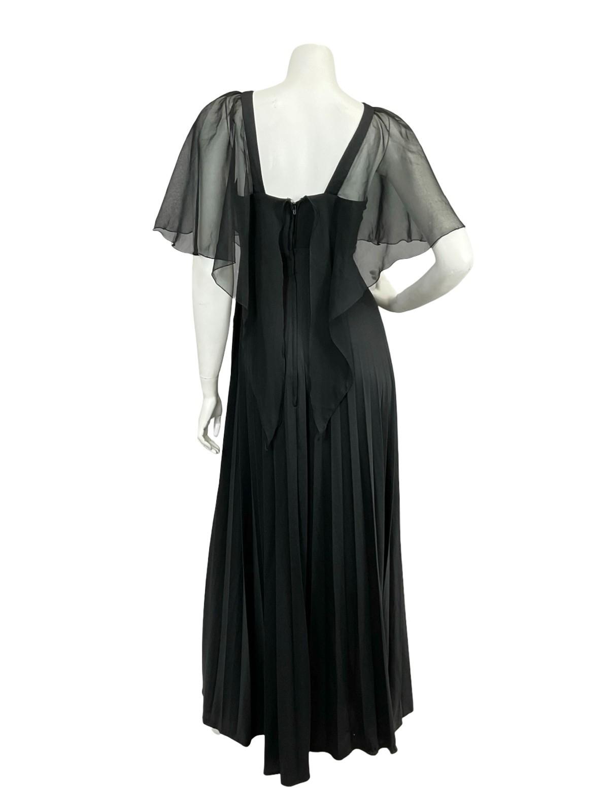 VTG 70S YESSICA BLACK PLEATED MESH CAPE STRAPPY EMPIRE MAXI DRESS 8