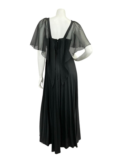 VTG 70S YESSICA BLACK PLEATED MESH CAPE STRAPPY EMPIRE MAXI DRESS 8