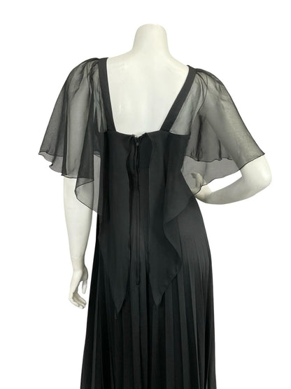 VTG 70S YESSICA BLACK PLEATED MESH CAPE STRAPPY EMPIRE MAXI DRESS 8