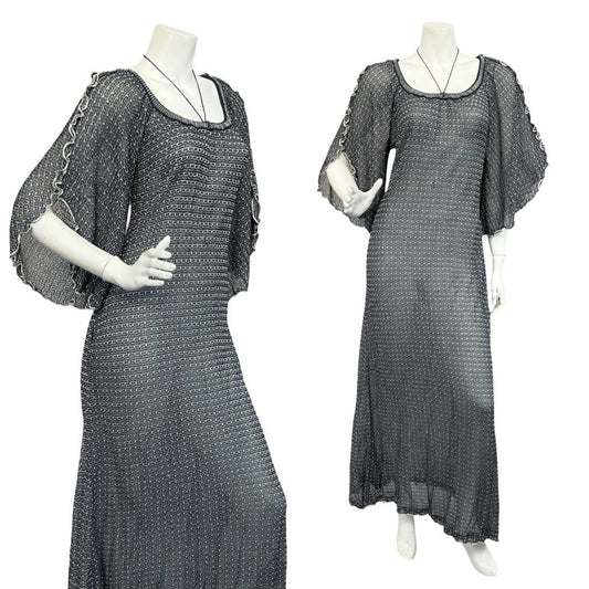 VTG 60S 70S BLUE SILVER LATTICE GLITTERY LUREX CAPE SLEEVE MAXI DRESS 12 14