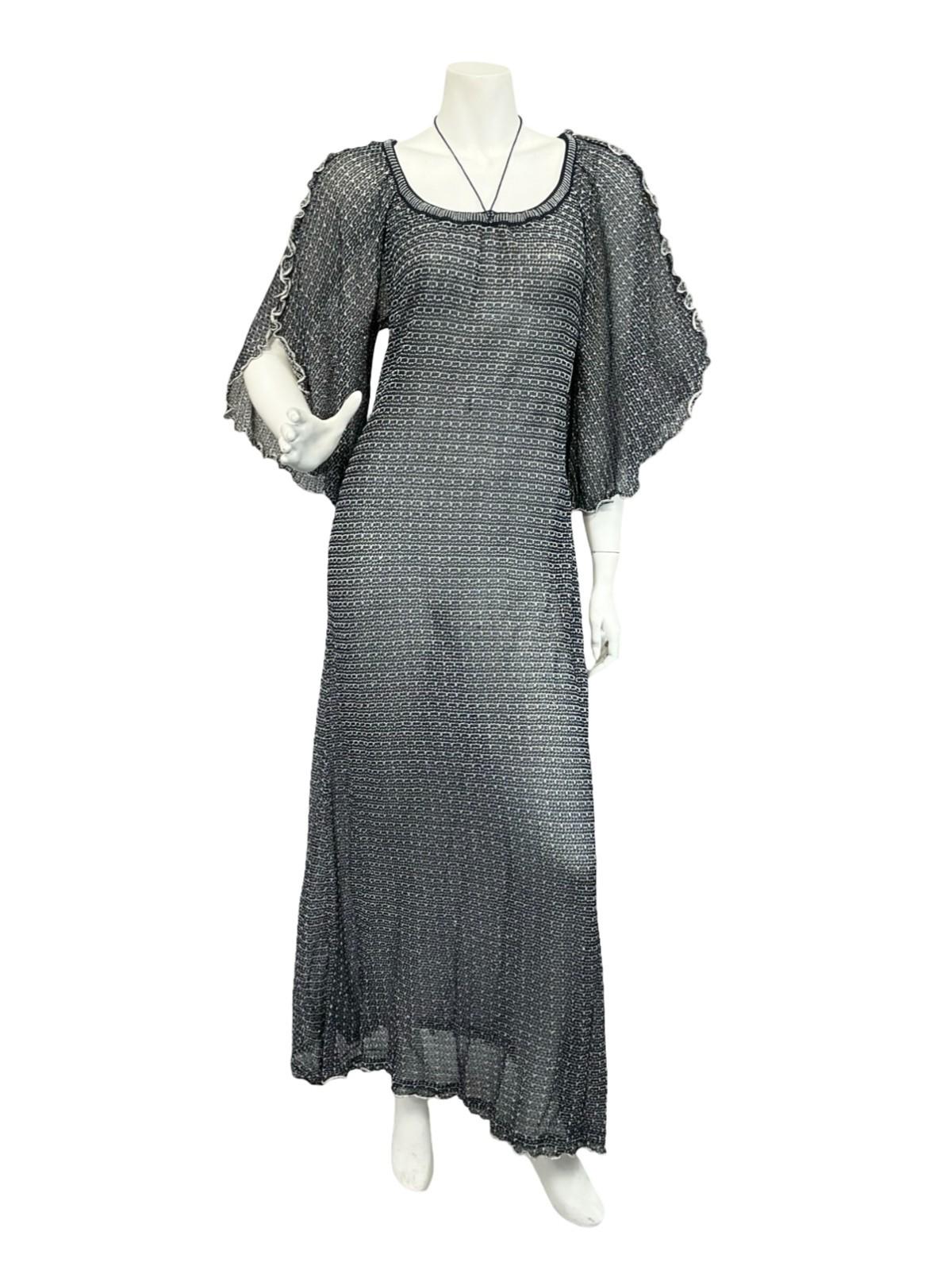 VTG 60S 70S BLUE SILVER LATTICE GLITTERY LUREX CAPE SLEEVE MAXI DRESS 12 14