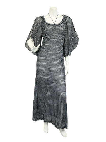 VTG 60S 70S BLUE SILVER LATTICE GLITTERY LUREX CAPE SLEEVE MAXI DRESS 12 14