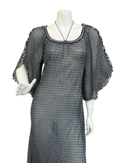 VTG 60S 70S BLUE SILVER LATTICE GLITTERY LUREX CAPE SLEEVE MAXI DRESS 12 14