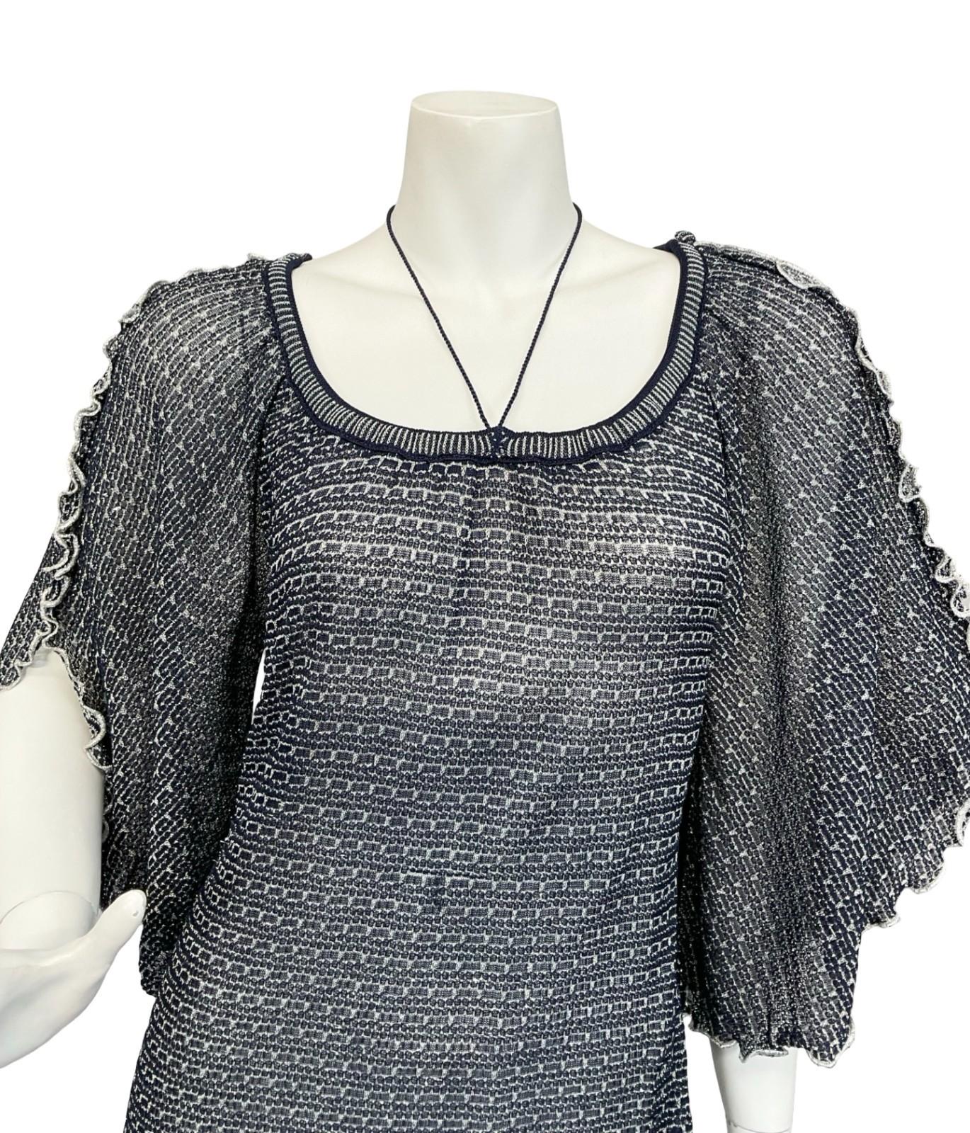 VTG 60S 70S BLUE SILVER LATTICE GLITTERY LUREX CAPE SLEEVE MAXI DRESS 12 14