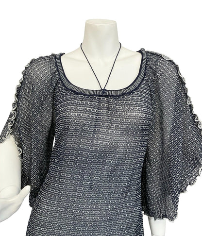 VTG 60S 70S BLUE SILVER LATTICE GLITTERY LUREX CAPE SLEEVE MAXI DRESS 12 14