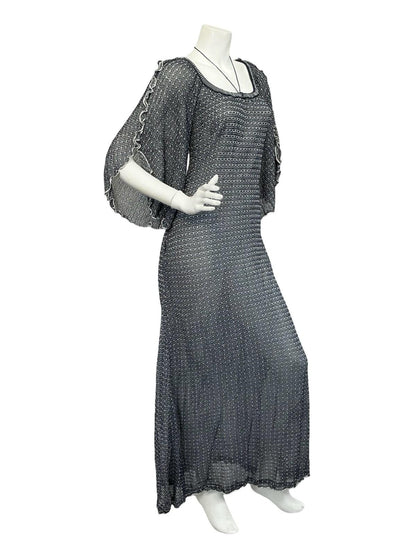VTG 60S 70S BLUE SILVER LATTICE GLITTERY LUREX CAPE SLEEVE MAXI DRESS 12 14