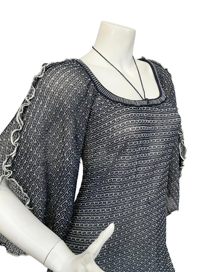 VTG 60S 70S BLUE SILVER LATTICE GLITTERY LUREX CAPE SLEEVE MAXI DRESS 12 14