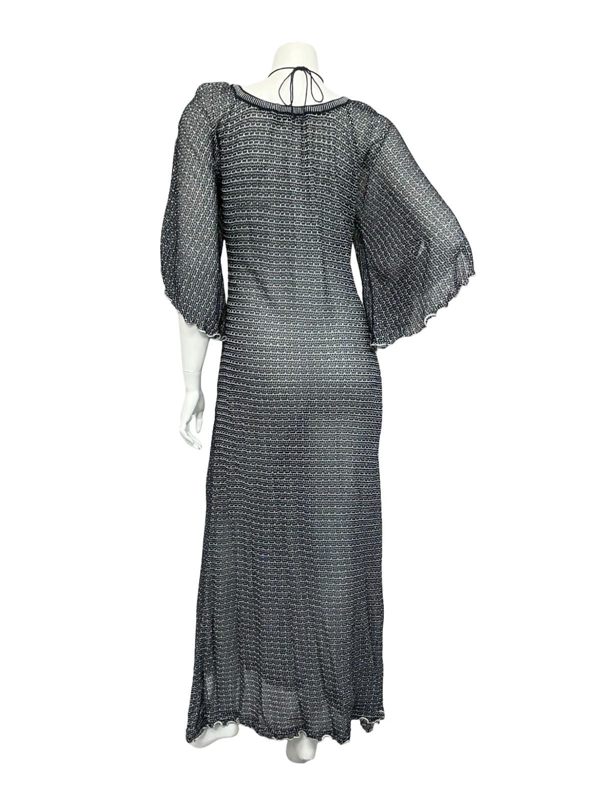 VTG 60S 70S BLUE SILVER LATTICE GLITTERY LUREX CAPE SLEEVE MAXI DRESS 12 14