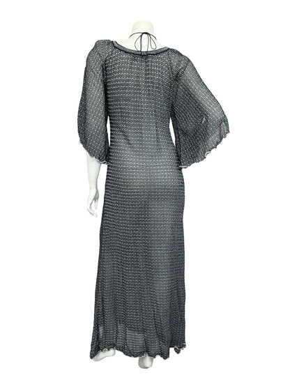 VTG 60S 70S BLUE SILVER LATTICE GLITTERY LUREX CAPE SLEEVE MAXI DRESS 12 14