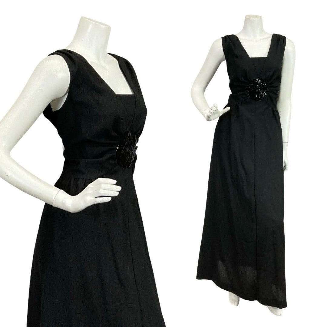 VTG 60S 70S CLASSIC BLACK SEQUIN MONOCHROME RUCHED DISCO STUDIO 54 MAXI DRESS 12