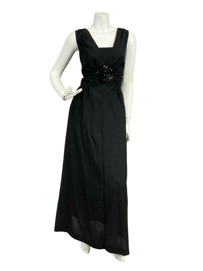 VTG 60S 70S CLASSIC BLACK SEQUIN MONOCHROME RUCHED DISCO STUDIO 54 MAXI DRESS 12