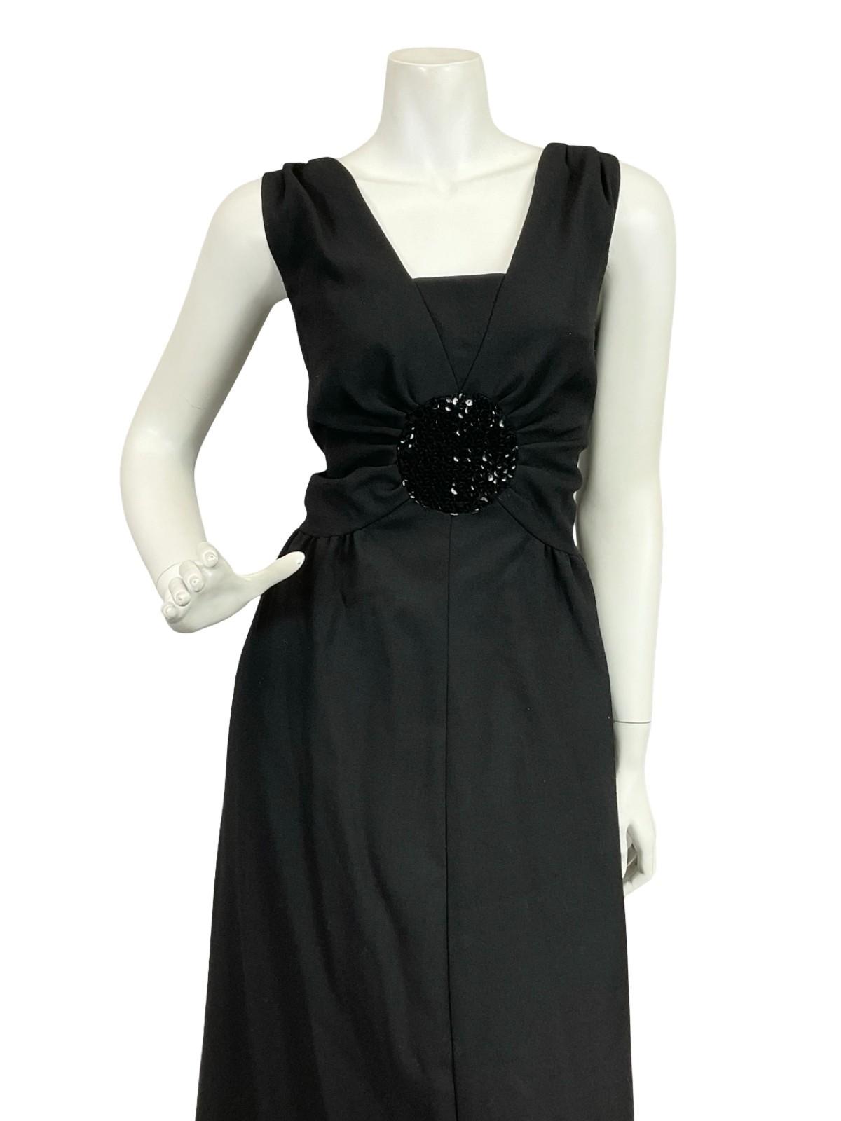 VTG 60S 70S CLASSIC BLACK SEQUIN MONOCHROME RUCHED DISCO STUDIO 54 MAXI DRESS 12