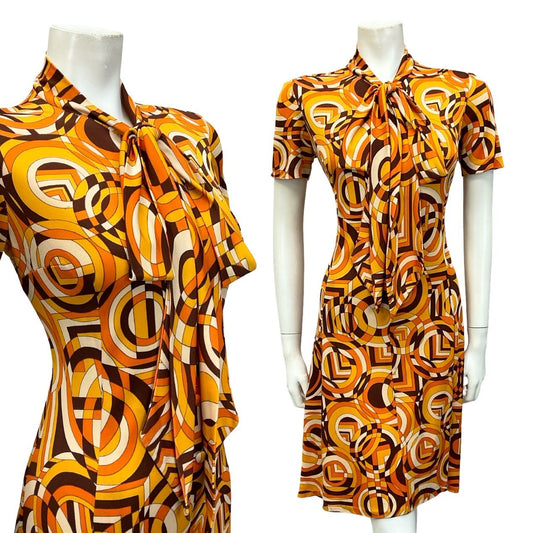 VTG 60S ORANGE BROWN YELLOW GEOMETRIC MOD PSYCHEDELIC OP ART PUSSYBOW DRESS 10