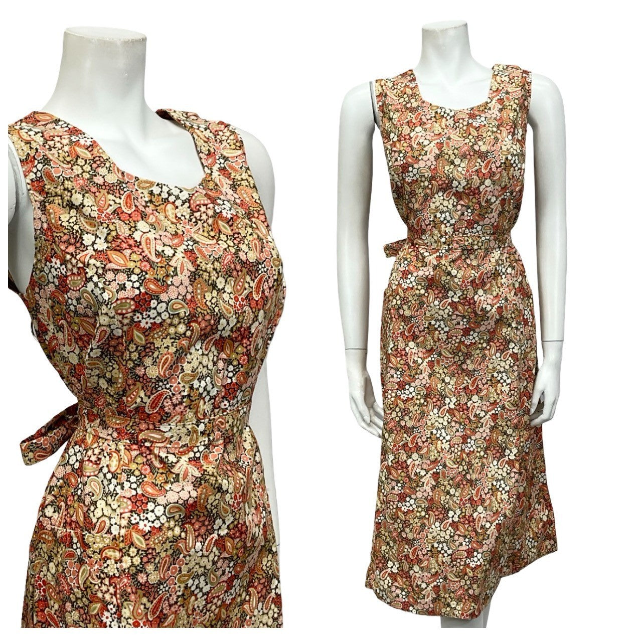 VTG 60S 70S BEIGE RED GREEN BOHO PAISLEY FLORAL SWEETHEART TIE MIDI DRESS 12