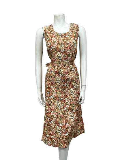 VTG 60S 70S BEIGE RED GREEN BOHO PAISLEY FLORAL SWEETHEART TIE MIDI DRESS 12