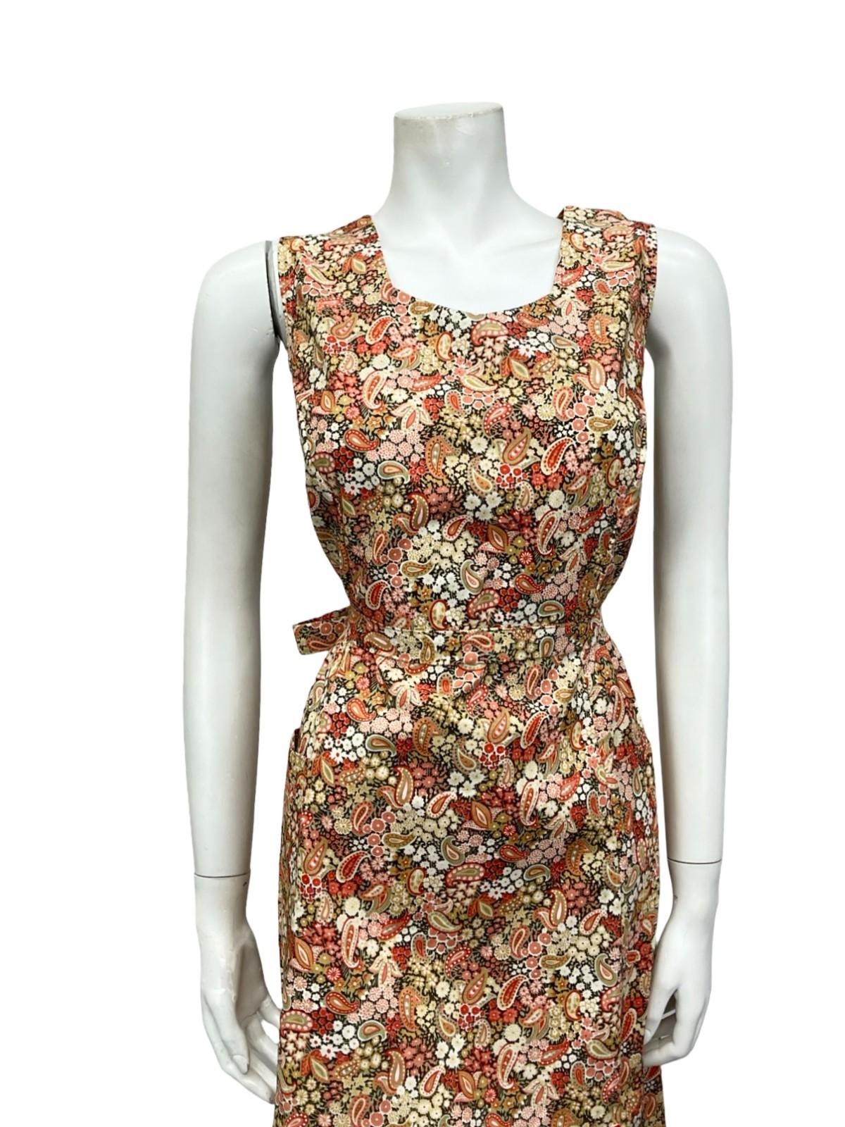 VTG 60S 70S BEIGE RED GREEN BOHO PAISLEY FLORAL SWEETHEART TIE MIDI DRESS 12