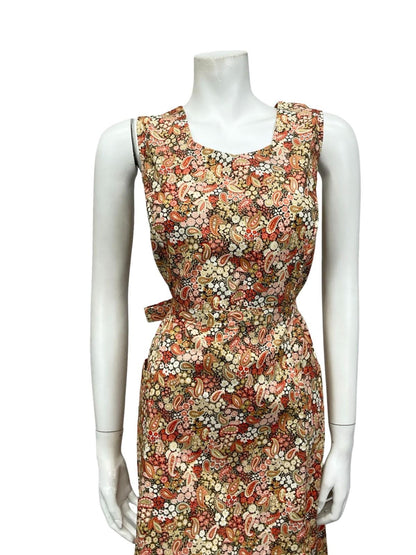 VTG 60S 70S BEIGE RED GREEN BOHO PAISLEY FLORAL SWEETHEART TIE MIDI DRESS 12