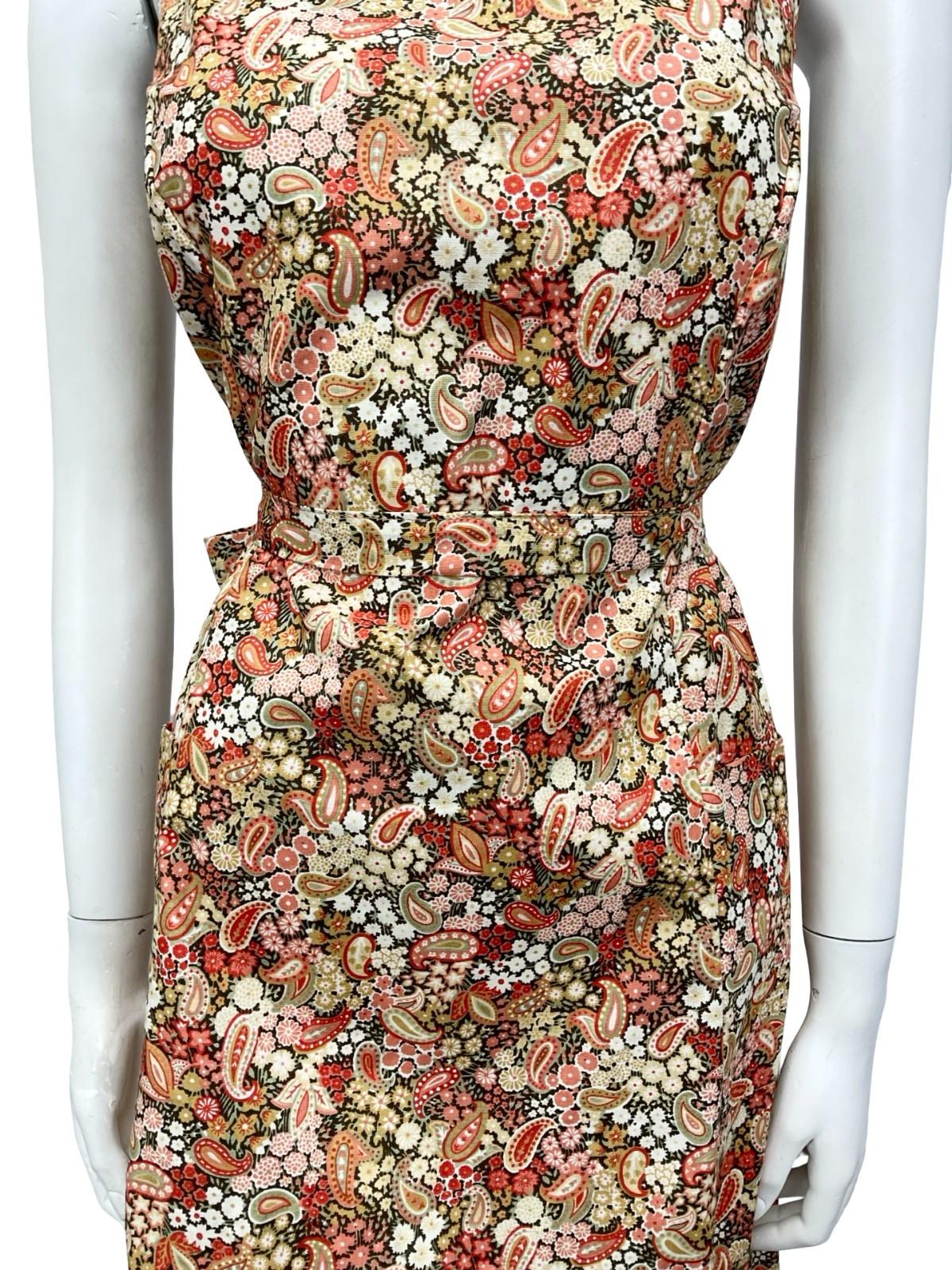 VTG 60S 70S BEIGE RED GREEN BOHO PAISLEY FLORAL SWEETHEART TIE MIDI DRESS 12