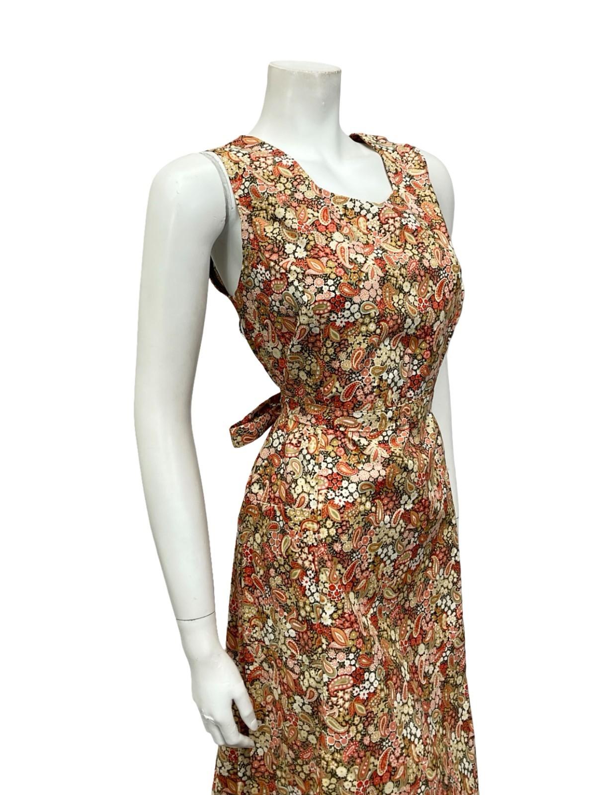 VTG 60S 70S BEIGE RED GREEN BOHO PAISLEY FLORAL SWEETHEART TIE MIDI DRESS 12