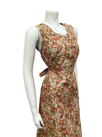 VTG 60S 70S BEIGE RED GREEN BOHO PAISLEY FLORAL SWEETHEART TIE MIDI DRESS 12
