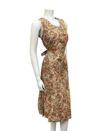 VTG 60S 70S BEIGE RED GREEN BOHO PAISLEY FLORAL SWEETHEART TIE MIDI DRESS 12