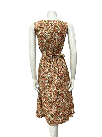 VTG 60S 70S BEIGE RED GREEN BOHO PAISLEY FLORAL SWEETHEART TIE MIDI DRESS 12