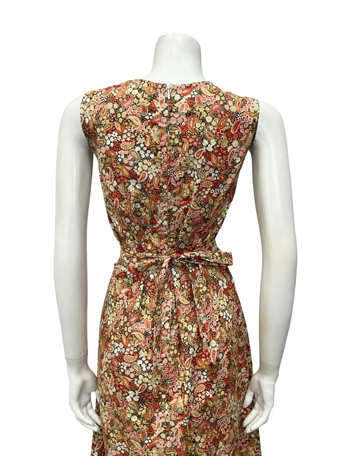 VTG 60S 70S BEIGE RED GREEN BOHO PAISLEY FLORAL SWEETHEART TIE MIDI DRESS 12