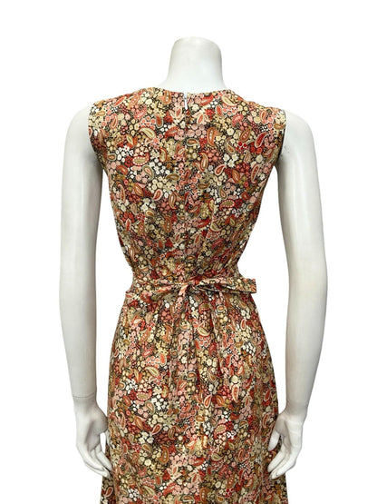 VTG 60S 70S BEIGE RED GREEN BOHO PAISLEY FLORAL SWEETHEART TIE MIDI DRESS 12