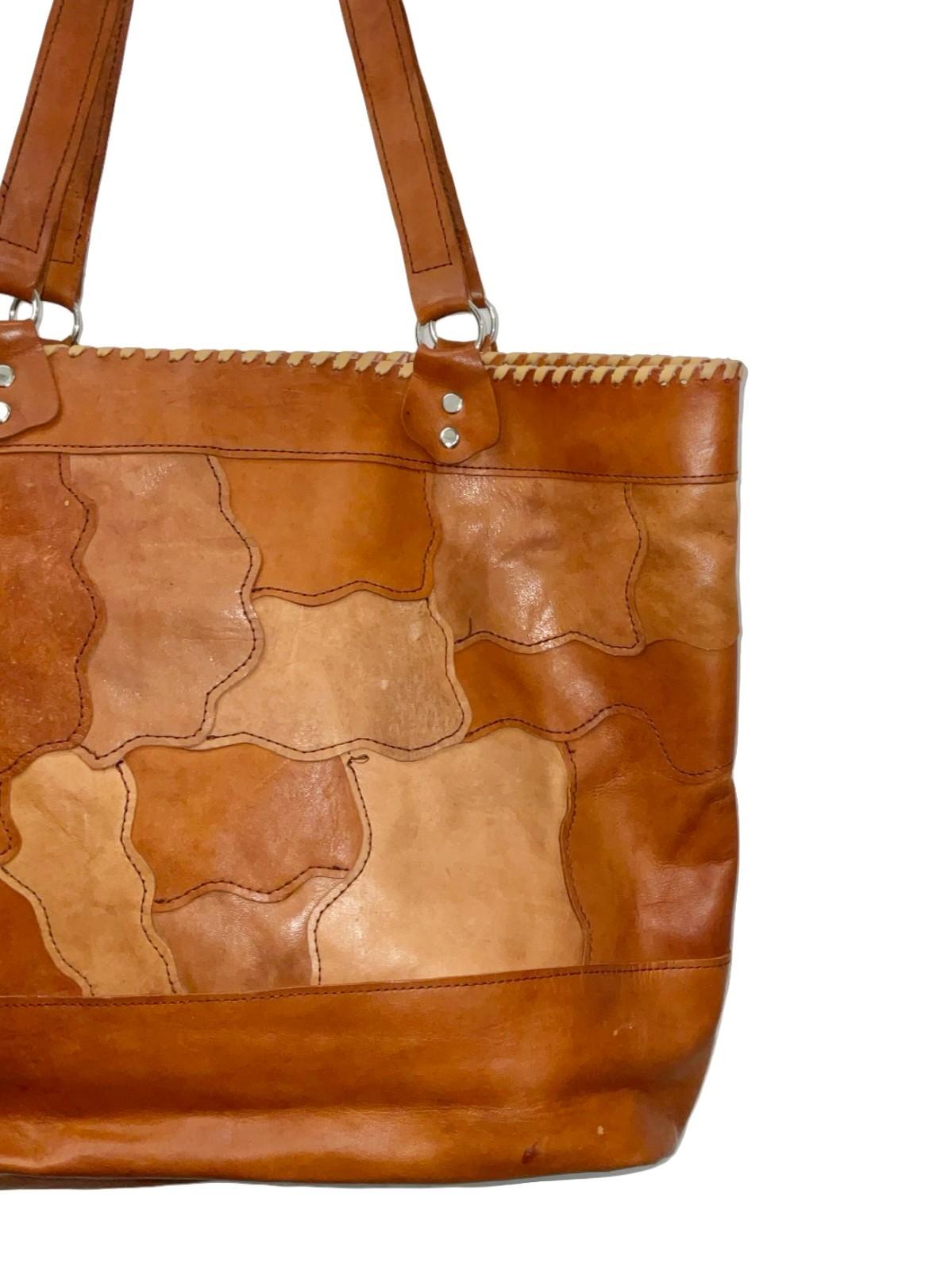 VTG 60S 70S TWO TONE GEOMETRIC PATCHWORK TAN BROWN LEATHER SHOPPER BAG