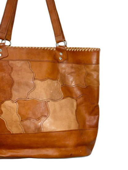 VTG 60S 70S TWO TONE GEOMETRIC PATCHWORK TAN BROWN LEATHER SHOPPER BAG