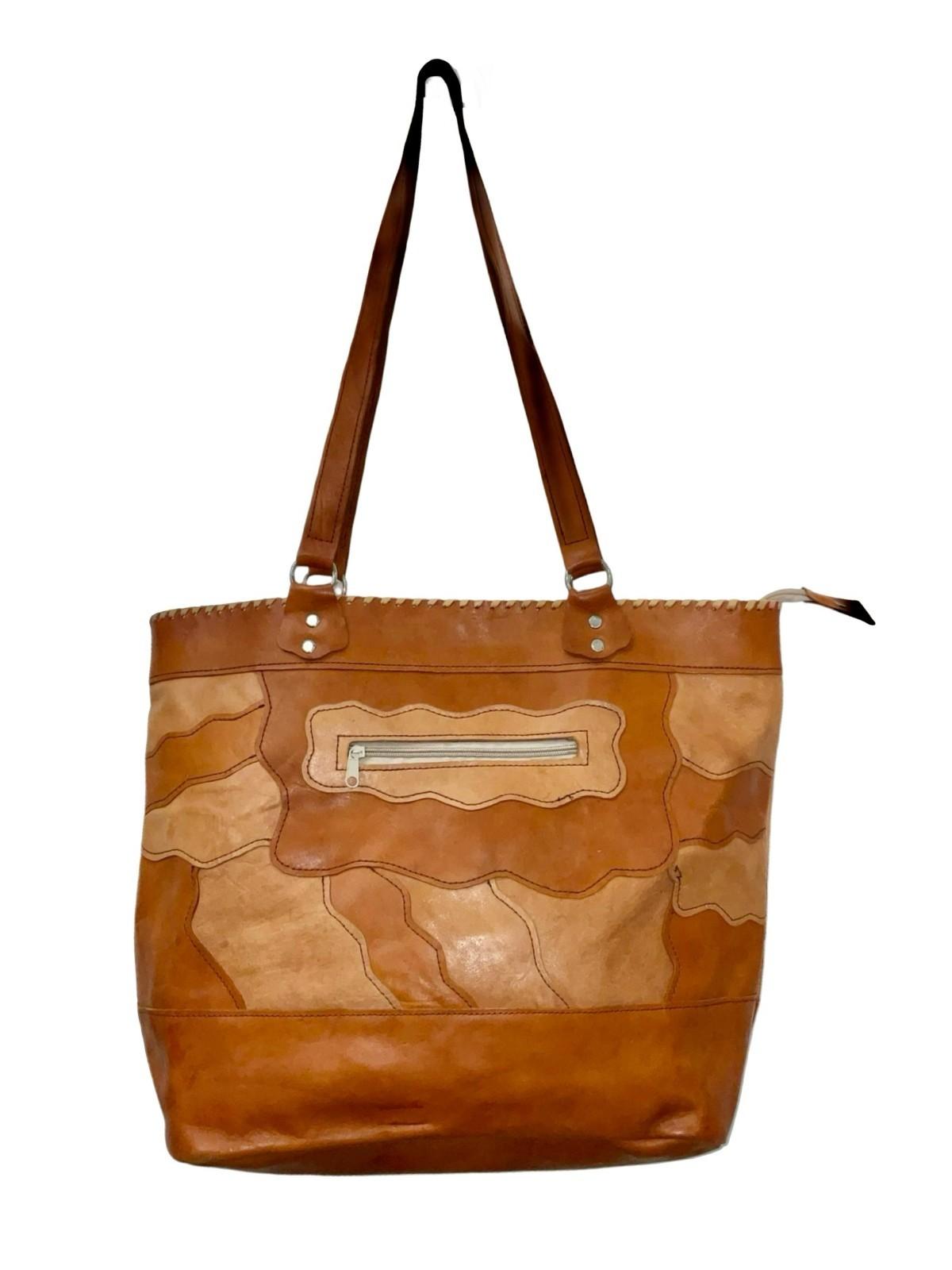 VTG 60S 70S TWO TONE GEOMETRIC PATCHWORK TAN BROWN LEATHER SHOPPER BAG