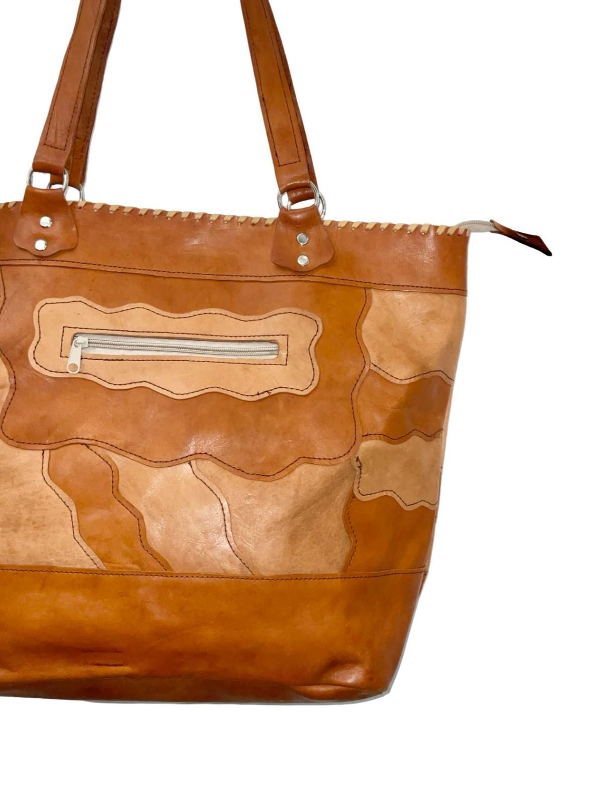 VTG 60S 70S TWO TONE GEOMETRIC PATCHWORK TAN BROWN LEATHER SHOPPER BAG