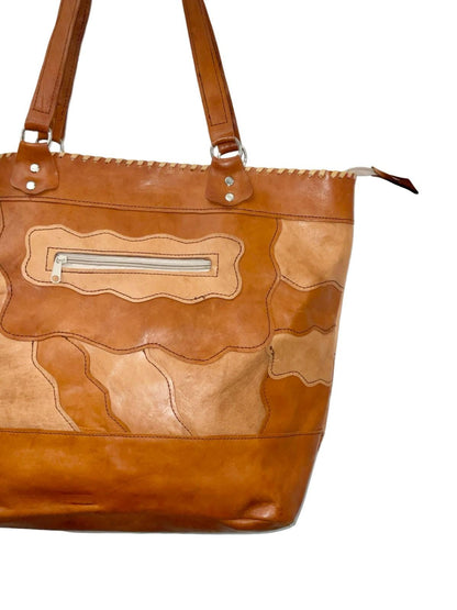 VTG 60S 70S TWO TONE GEOMETRIC PATCHWORK TAN BROWN LEATHER SHOPPER BAG