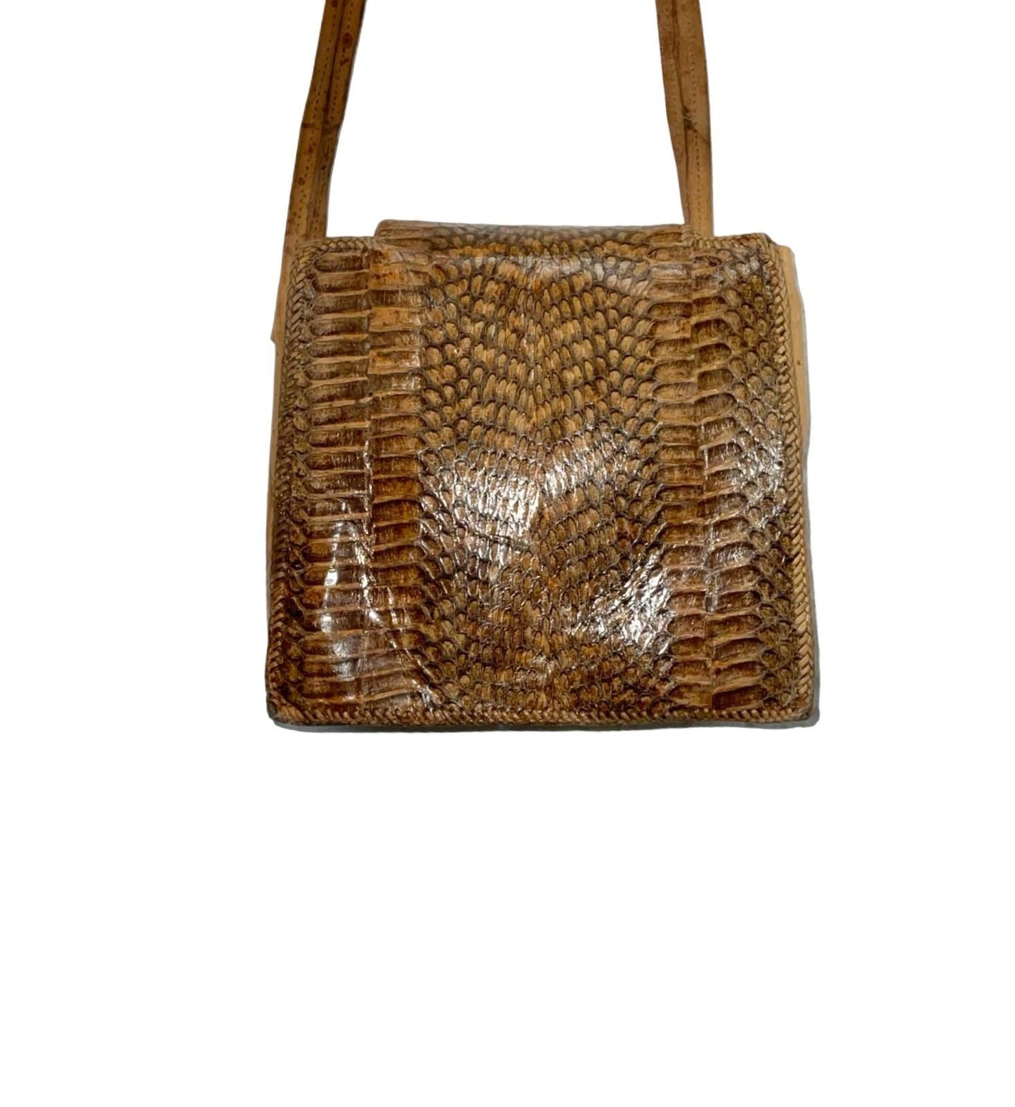 VTG 60S 70S BEIGE BROWN MOD GEOMETRIC SNAKESKIN LEATHER SHOULDER BAG